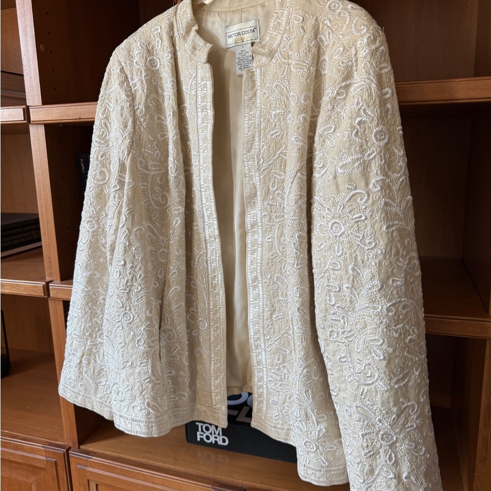 Linen Blazer Victor Costa Cream Floral Embroidered Blazer